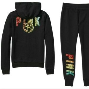 Rare Victoria's Secret PINK Rainbow Ombre Sequin Zip Hoodie and Joggers
